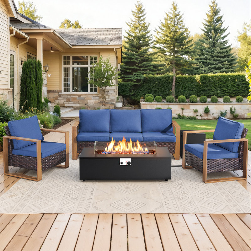 Drazen 5 - Person Patio Furniture Set With Fire Pit Table, All-Weather Wicker Outdoor Conversation Set With Chair And Thick Cushions