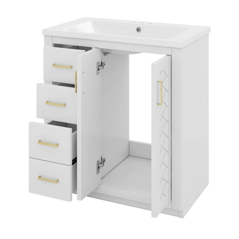Meuble-lavabo 30 po avec lavabo, meuble-lavabo en bois massif avec 3 tiroirs, Blanc
