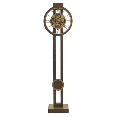 Finnley Modern Grandfather Clock, Motorized Moving Gears, Aged Brass Wire-Brushing