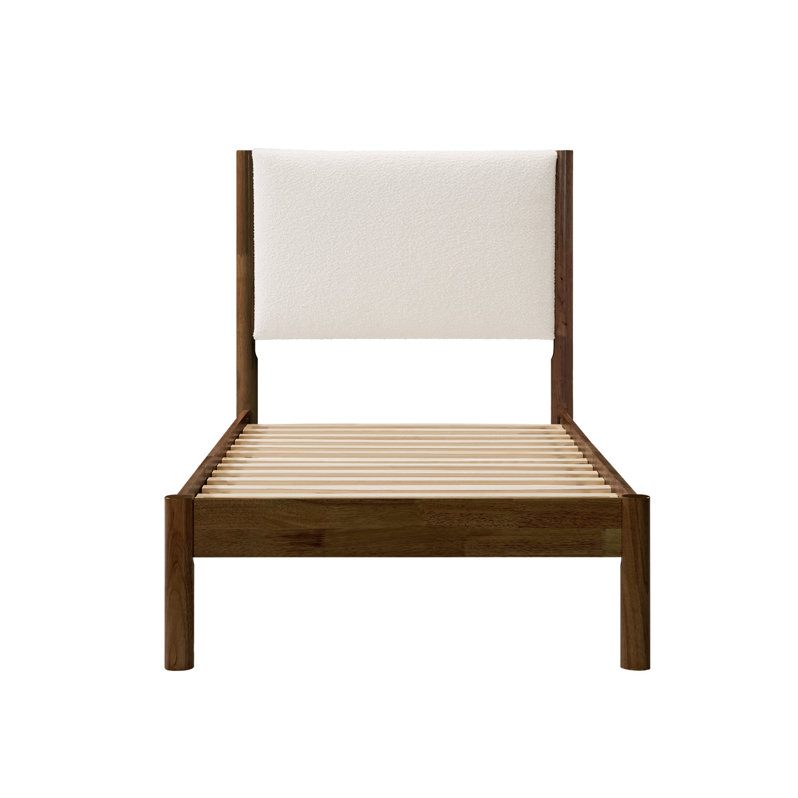 Ardin Solid Wood Bed Frame With Cream Boucle Upholstered Headboard, Walnut, Twin
