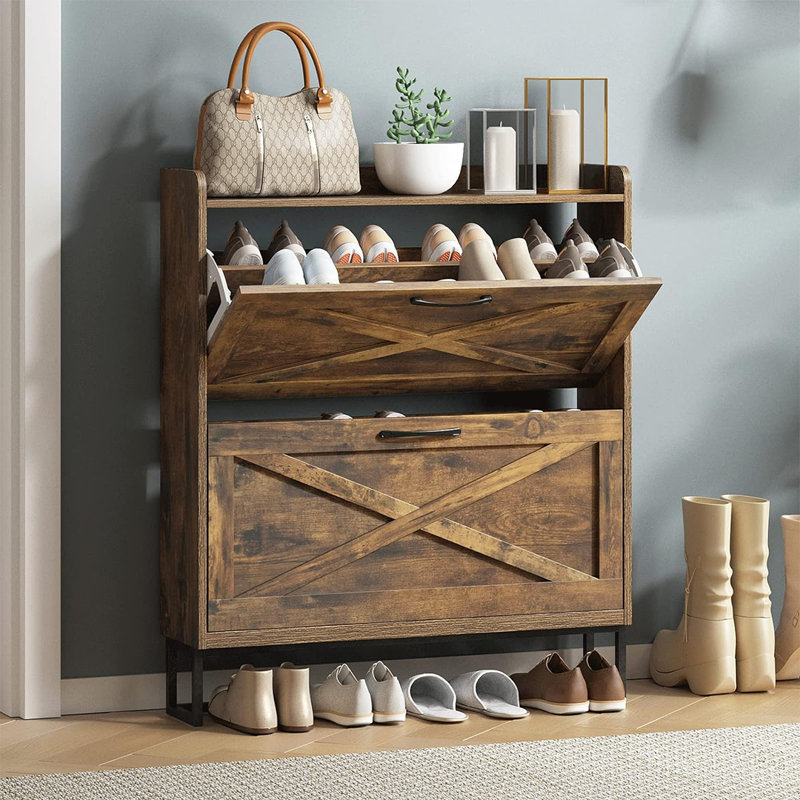 Rustic Brown Wood Shoe Storage Cabinet with Flip Drawers