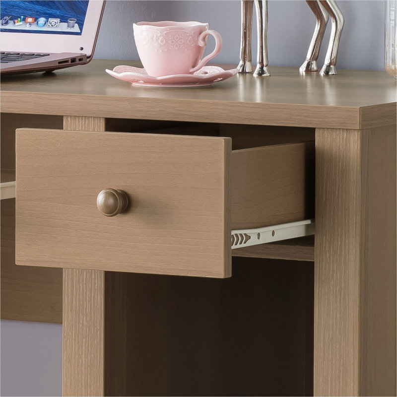 Bureau d'écriture compact avec plateau à clavier et tiroir, panneau de particules brun chaud, 39 W, bureau à domicile peu encombrant