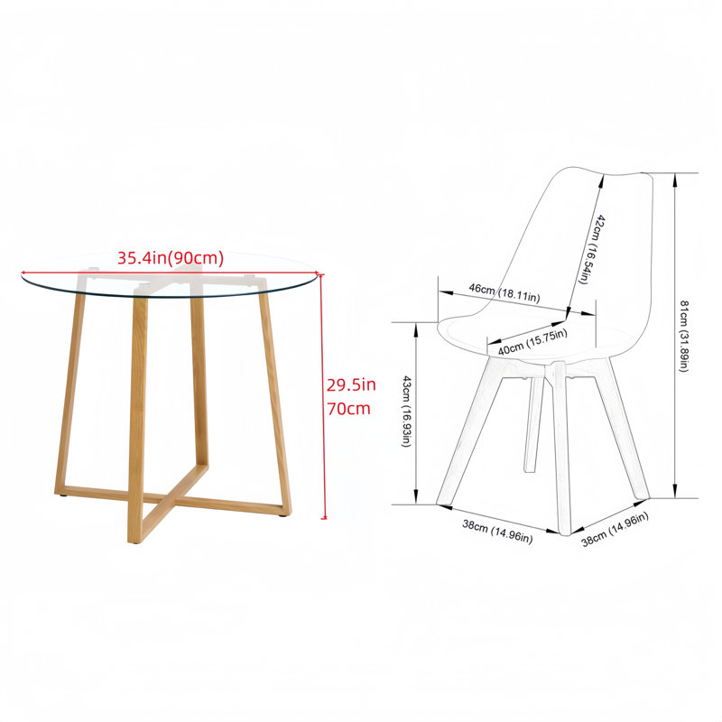 Table de salle à manger ronde en verre pour 2, plateau de table moderne en verre trempé avec 4 chaises rembourrées, table moderne et ensemble de 2 chaises pour la cuisine
