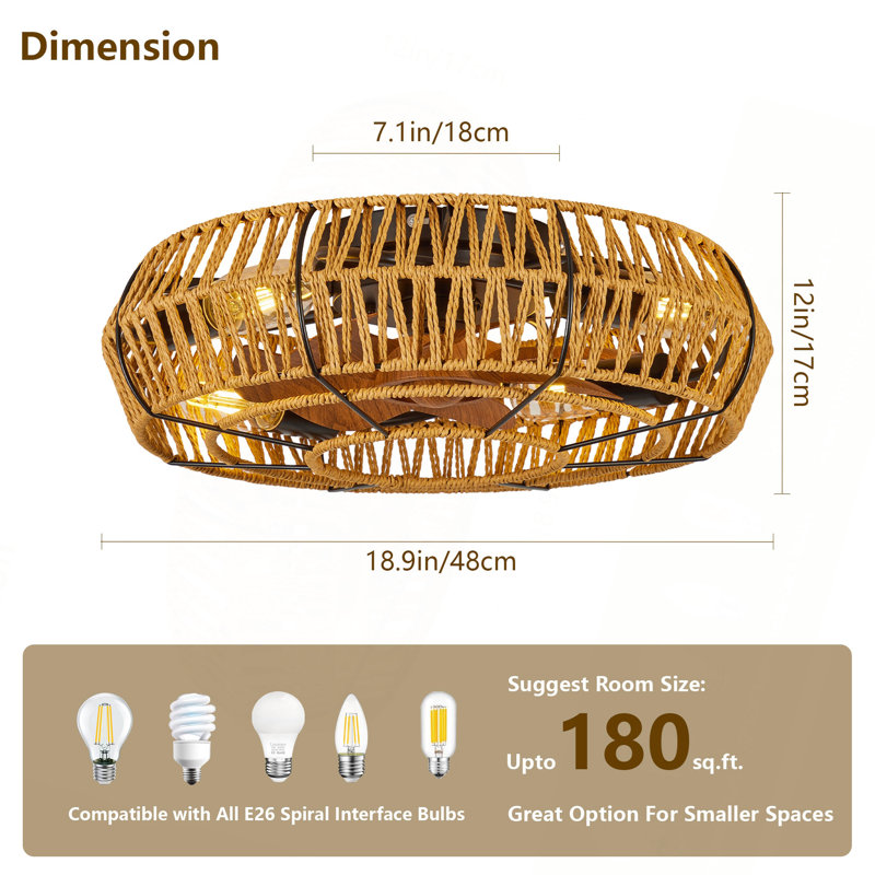 Ventilateurs de plafond en cage de 19 po avec lumières et télécommande, ventilateur de plafond encastré avec lumière Boho, ventilateur de plafond réversible sans lame à 6 vitesses avec 4 ampoules pour le salon.