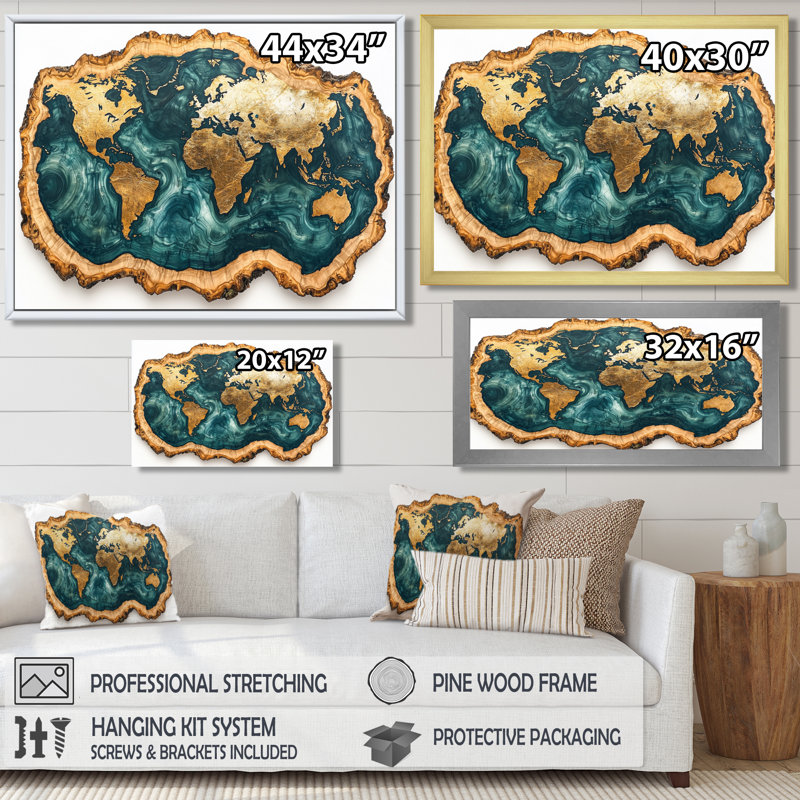 Schutte Emerald Crystals World Map Wood Slide II - carte du monde, art mural, Reproduction encadrée d'une seule photo