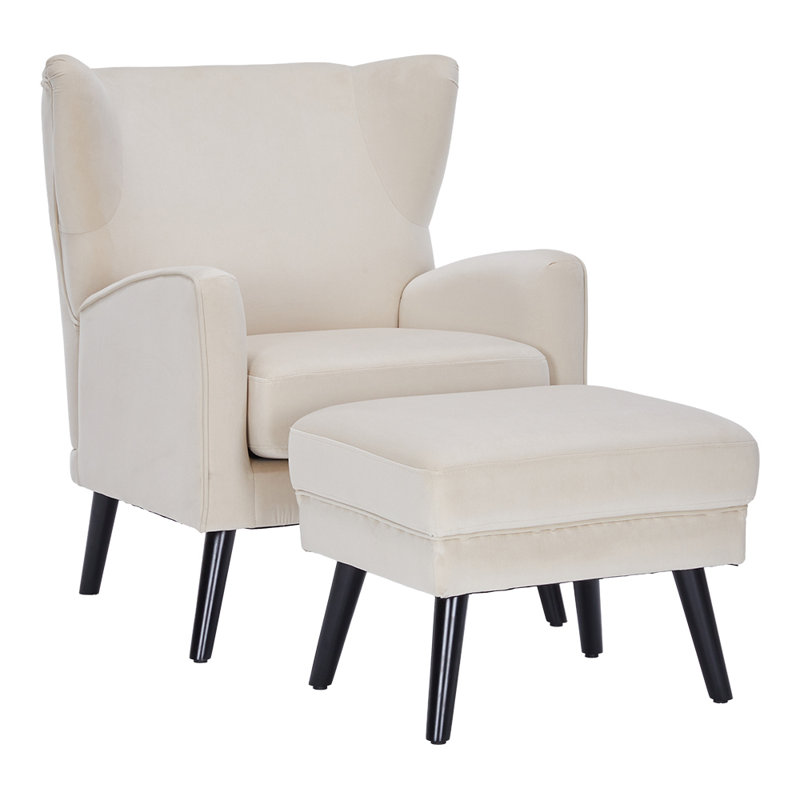 Upholstered Wingback Chair With Footstool, Beige Velvet
