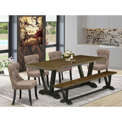 L'ensemble de salle à manger 6 pièces se compose d'une table en bois jacobine vieillie, d'un banc moderne et de 4 chaises Parson rembourrées en tissu de café - Finition noire brossée
