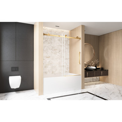 Porte de douche coulissante simple en verre trempé transparent de 1/4 po 6 mm, l 56 à 60 po x H 60 po, film résistant, poignée en acier inoxydable doré brossé, rail tubulaire carré, conception américaine, grandes roues pour une longue durée de vie