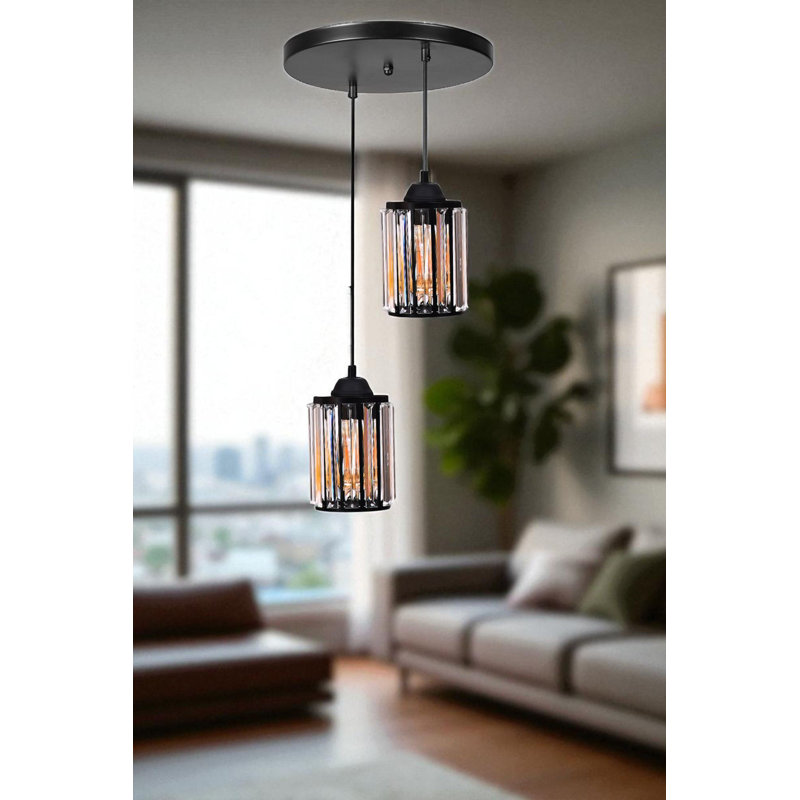 Élégant lustre en métal noir avec capuchon en verre, hauteur réglable, 5,1 po x 6,7 po | Idéal pour le salon et la salle à manger, type de douille: 2 x E27 de 40 W maximum, hauteur totale: 31,5 po, luminaire élégant et fonctionnel