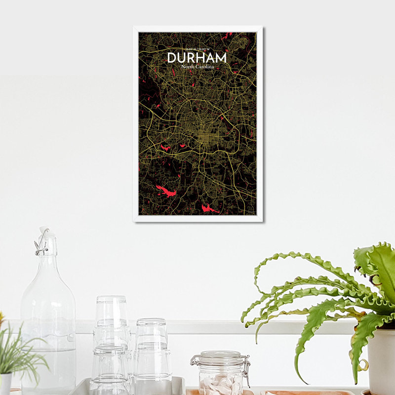 Durham City Map, impression, H 17 po x l 11 po, Noir / rouge / jaune