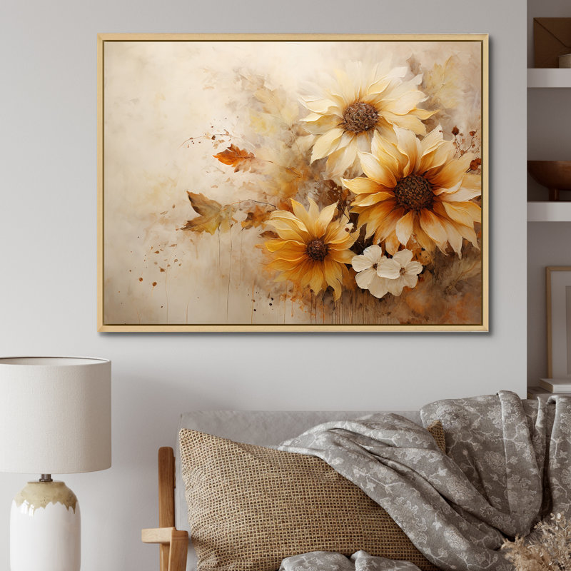 Minimalisme efflorescence de tournesols beiges sur toile, Cadre naturel flottant, H 16 po x l 32 po