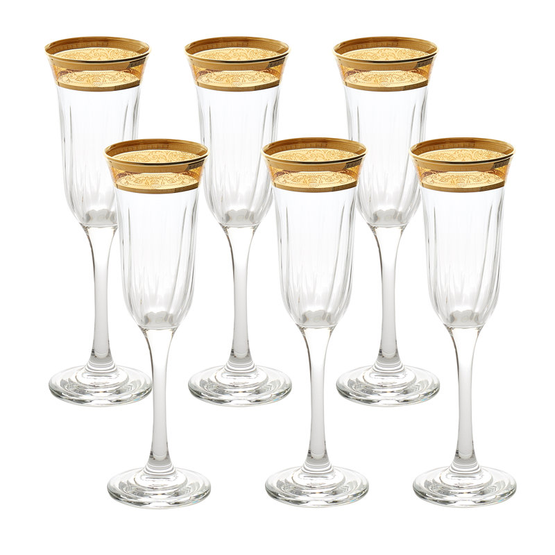 Amber and Gold Rimmed 9 oz Glass Flute Set of 6