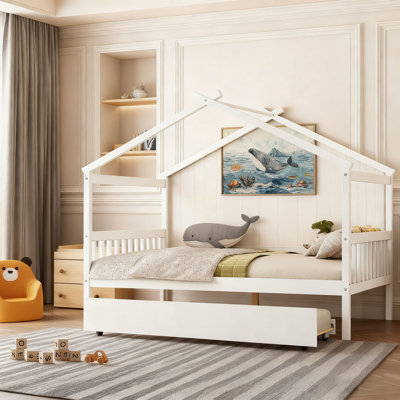 Wooden House Bed with Twin Size Trundle