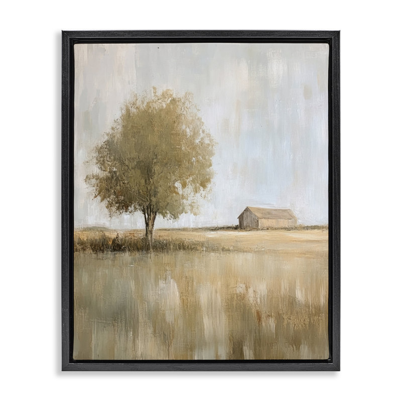 Cadre flottant lointain grange et arbre solitaire, design par Petal Prints Design, Cadre flottant noir de jais