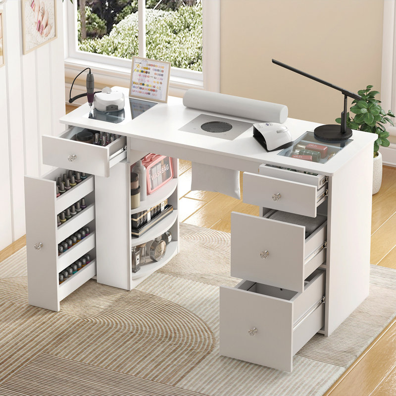 Gadson Manicure Table Nail Tech Desk with Dust Collector and Wrist Cushion, and Tempered Glass Display, Spacious Storage