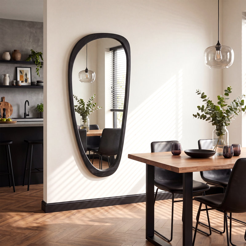 Grand miroir mural décoratif asymétrique de conception moderne organique avec cadre en bois massif - idéal pour un mur de galerie ou un salon, 48 po x 22 po