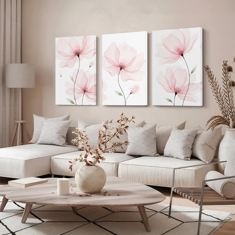 «Pink Floral Watercolor», ensemble de 3 reproductions botaniques sur toile, H 30 po x l 60 po