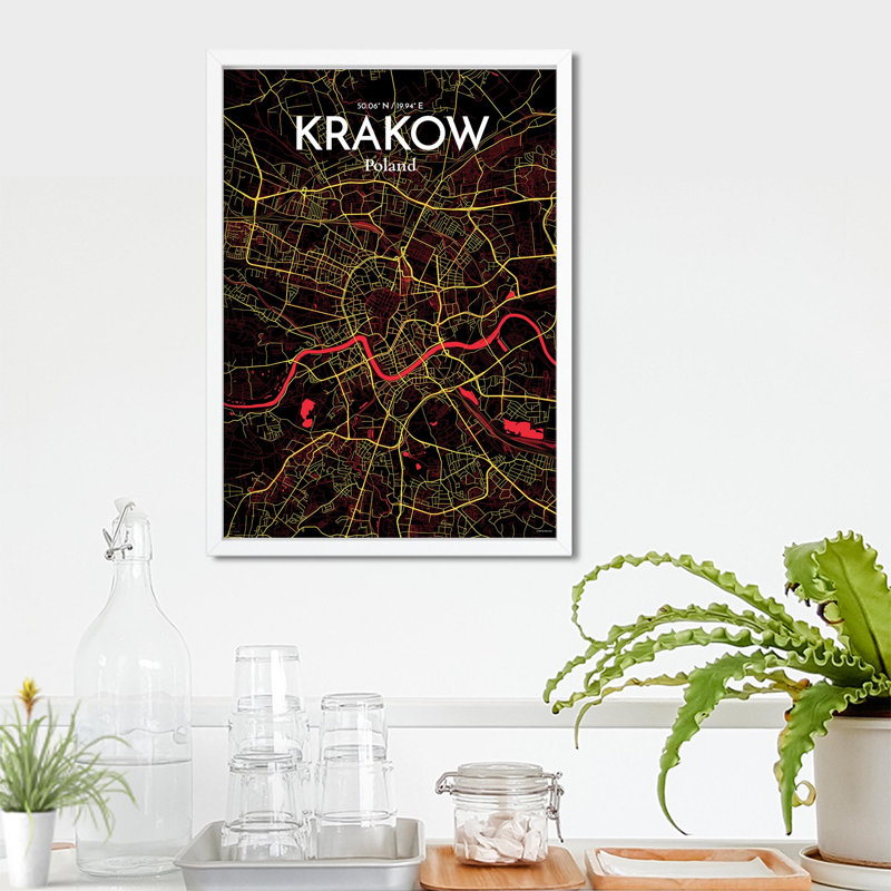 «Krakow City Map», impression de luxe, H 27,6 po x l 19,7 po, Noir / rouge / jaune