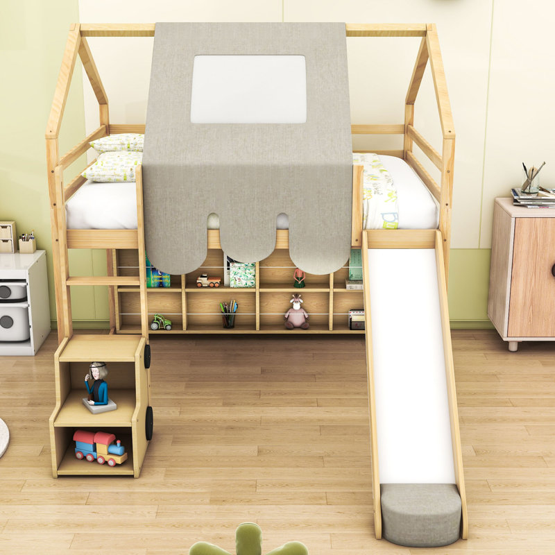 Lit mezzanine en bois avec glissoire, tablettes de rangement et cadre en forme de maison avec tente, Double, Naturel / Beige