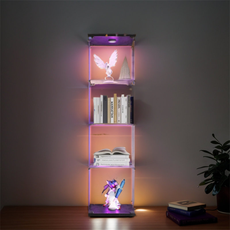 Armoire éclairée en verre à 4 tablettes, armoires Curio, bibliothèque sur pied en verre noir