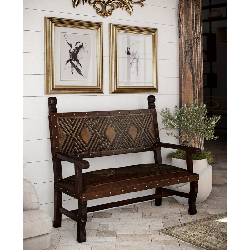 Tylersburg Genuine Leather Upholstered Bench, Antique Brown/Geometric, 43" H x 50" W x 24" D
