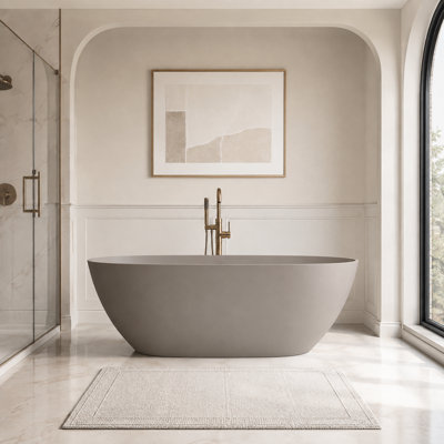 57" Oval Resin Stone Freestanding Soaking Bathtub with Pop-Up Drain in Beige
