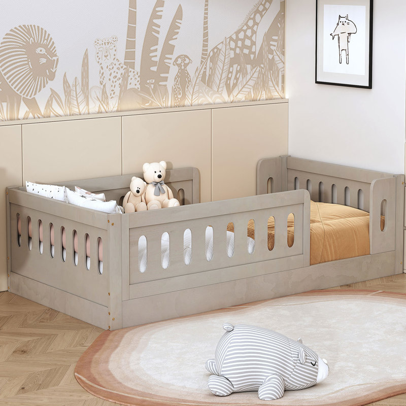 Lit plateforme en bois avec garde-corps, Naturel