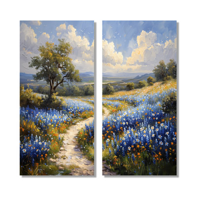 «Blue Green Summer Meadow Charm Blue Bonnets - Blue Bonnets Wall Art», ensemble de 2 impressions sur toile à motif floral bleu