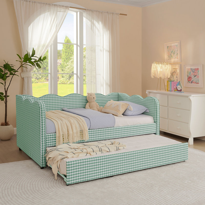 Cozy Gingham Daybed With Trundle Twin Size Sofa Bed No Box Spring Needed, With USB Port And Adorable Wave Shaped, Linen Fabric