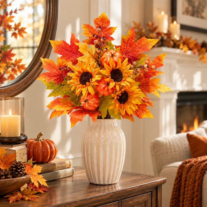 Ensemble de 4 tiges florales artificielles 4 pièces avec tournesols et citrouilles