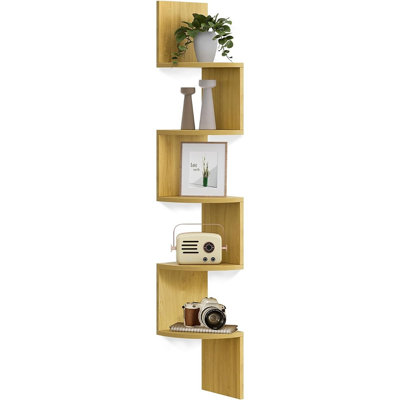 5-Tier Floating Corner Shelf – Natural Oak Wall Mounted Bookshelf