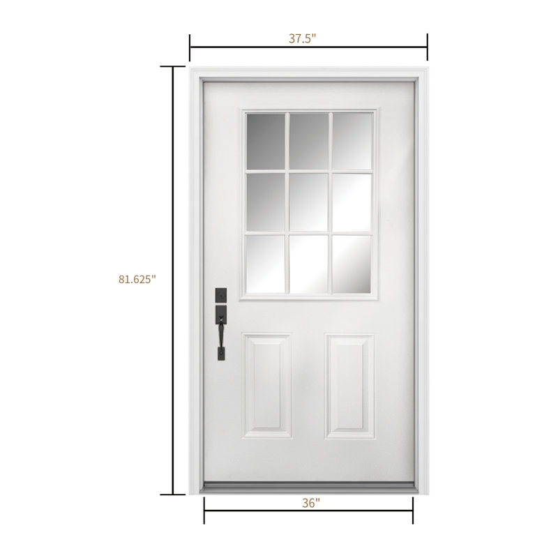 Porte d'entrée extérieure en fibre de verre moderne 9-Lite avec finition blanche grain de chêne, Gauche