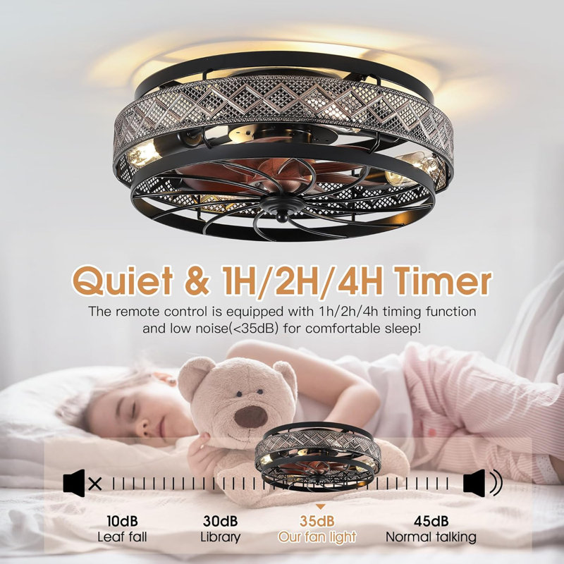 Low Profile Caged Ceiling Fans with Lights and Remote, Flush Mount Ceiling Fan with Light, Bedroom Fan, Small Industrial Black Ceiling Light Fixture, Reversible(Bulbs not Included)
