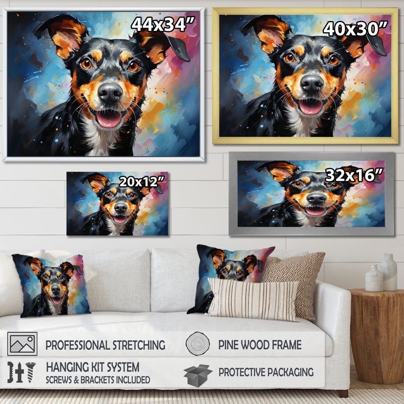 Popart Rat Terrier Rascal sur toile, Cadre flottant blanc, H 12 po x l 20 po x P 1 po