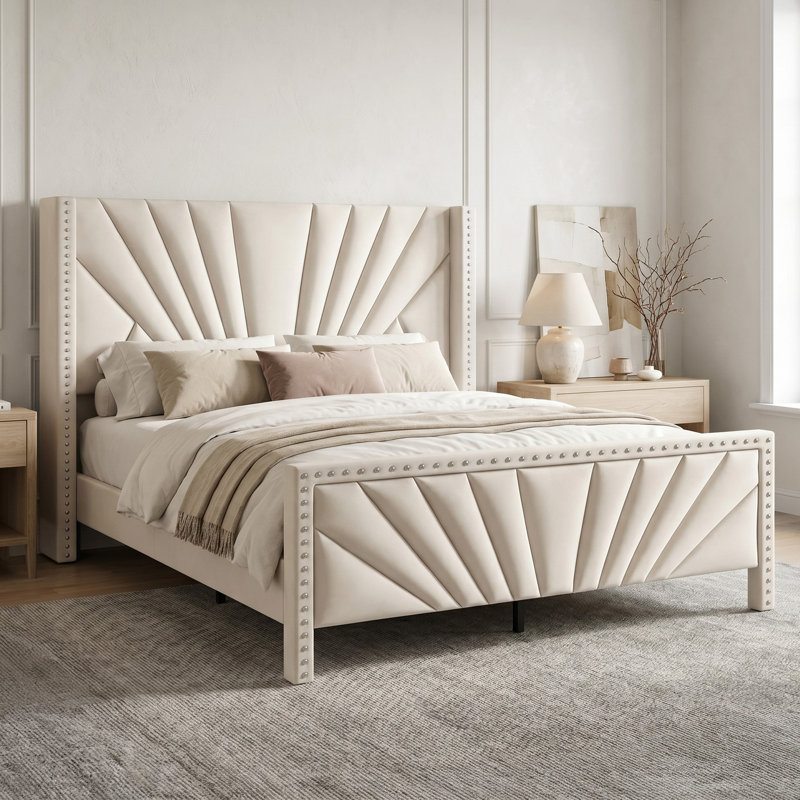 King Size Velvet Upholstered Wingback Platform Bed Frame With Geometric Tufted Headboard & Footboard, Wooden Slats, Beige
