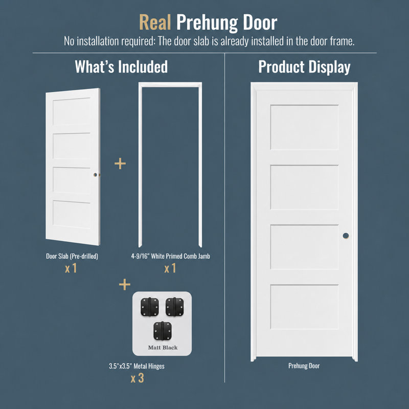 White Primed 4-panel Solid Core Interior Prehung Wood Door With Jambs And Hinges (without Door Lock), 32" x 80", Right