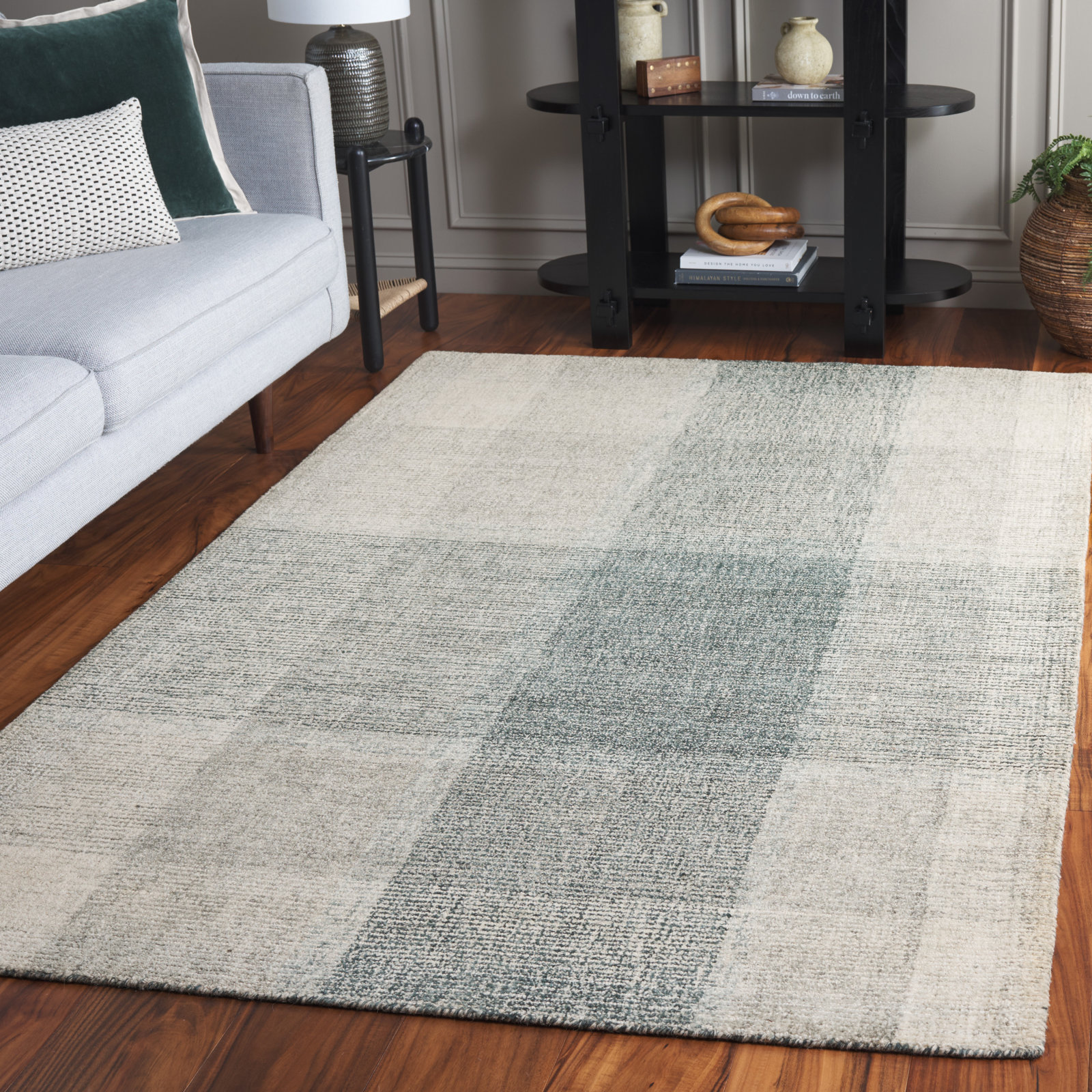 Gray Blue Hand-Tufted Geometric Wool Rug, Rectangle 5' x 8'