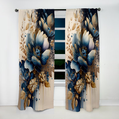 Blue And Gold Floral Bunch III - Traditional Curtain - Velvet Room Darkening - 1 panel