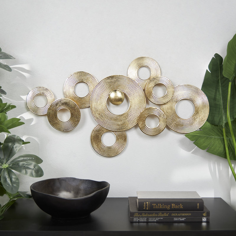 Metal Stacked Circle Ring Abstract Gold Wall Decor with Groove Texture