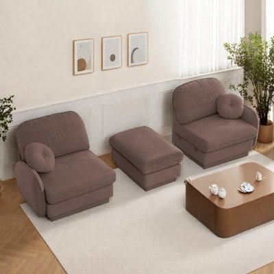 Chenille L-Shaped Loveseat Sofa with Movable Ottoman, Deep Seat Couch with Round Pillows and Quilted Back