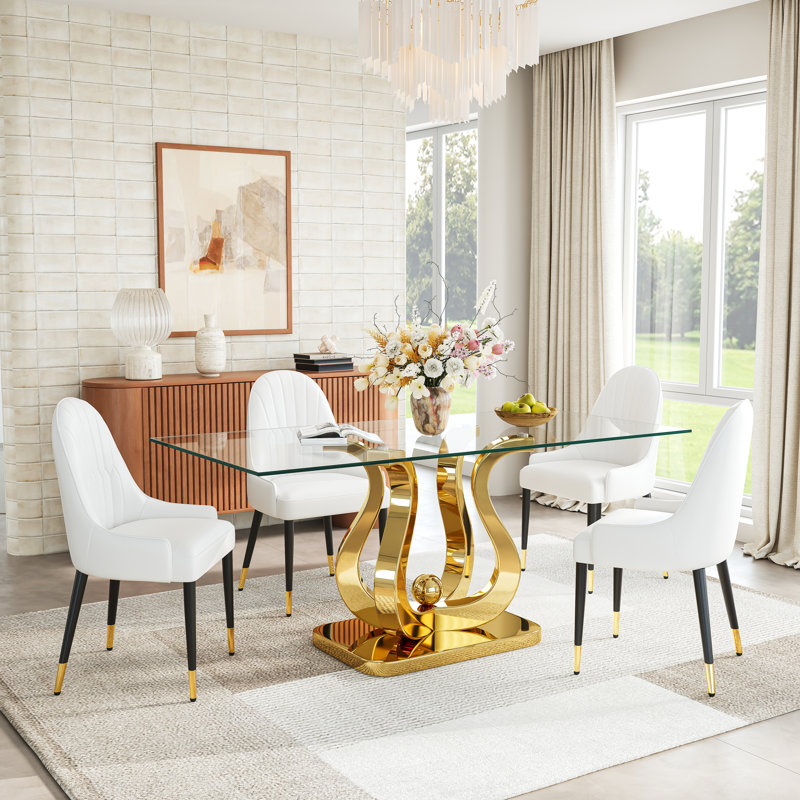 69" Rectangular Glass Dining Table Set, Tempered Glass Top, Polished Stainless Steel S-Shaped Base, Faux Leather Diamond-Back Chairs With Gold Metal Accents