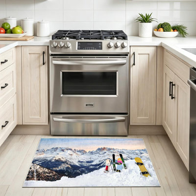 Blue Three Snowboards Ski Standing Snow Slope Mountains Sunset Sky Machine Washable Indoor Area Rug