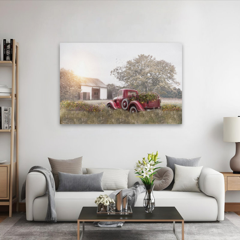 «Hazy Days Of Summer», rétro, camion rouge, camion rempli de fleurs, champ fleuri, H 40 po x l 60 po
