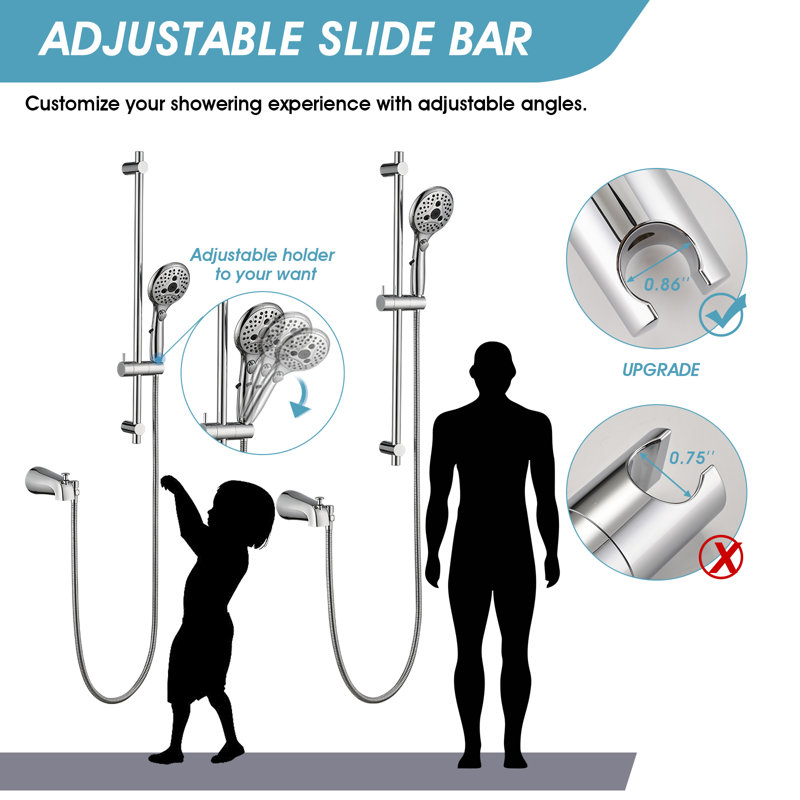 All Metal Diverter Tub Spout, 6 Settings Hand Held Shower , Adjustable Slide Bar, Chrome