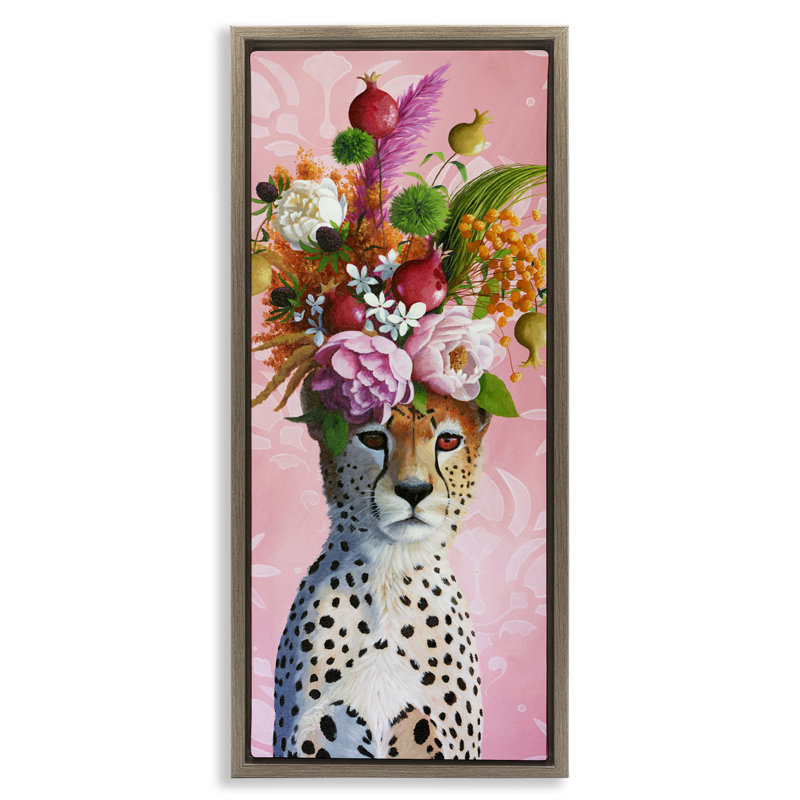 Cadre flottant Serious Cheetah & Florals, design par Heather Gauthier, H 25 po x l 11 po, Cadre flottant orme Montalcino