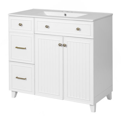 Meuble-lavabo de 36 po avec lavabo en céramique, tiroirs standard et double couche, portes à fermeture en douceur, tablettes réglables, armoire de rangement moderne pour petites et moyennes salles de bain