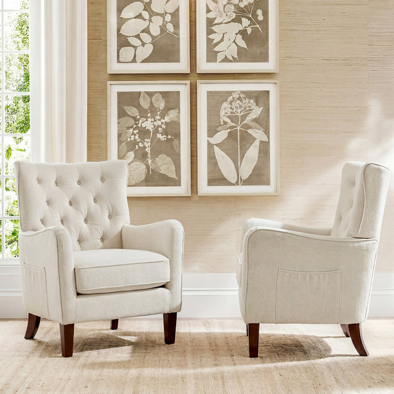 Button-Tufted Horn-Back Armchair, Accent Chair with Padded Cushion, Side Pocket and Solid Wood Legs (Set of 2), Beige