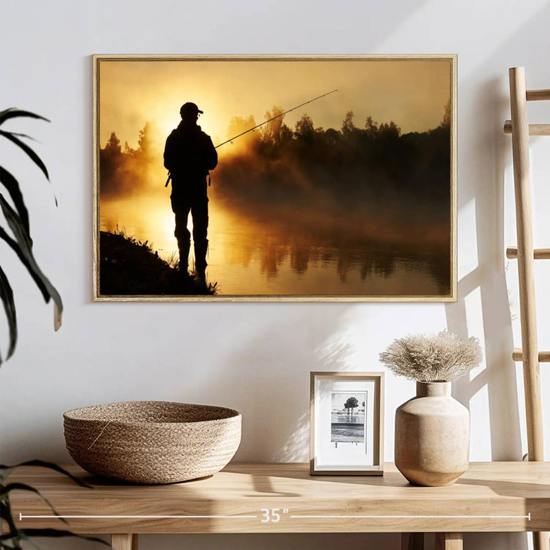 Pêche sur une berge brumeuse, Cadre flottant en bois naturel, 25 po x 17 po