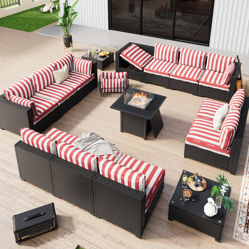  𝗣𝗿𝗲-𝗔𝘀𝘀𝗲𝗺𝗯𝗹𝗲𝗱 𝗖𝗵𝗮𝗶𝗿𝘀, 12-Person Patio Furniture Set Rattan Outdoor Sectional Conversation Sofa Seating Group With Propane Fire Pit Table