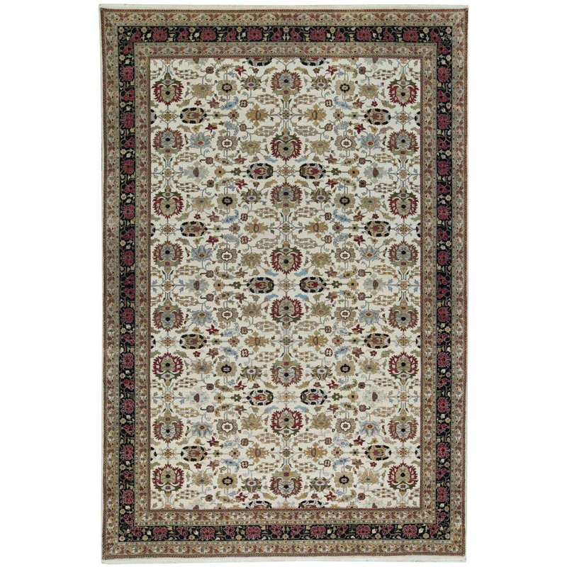 Tapis ivoire et noir noué à la main de haute qualité